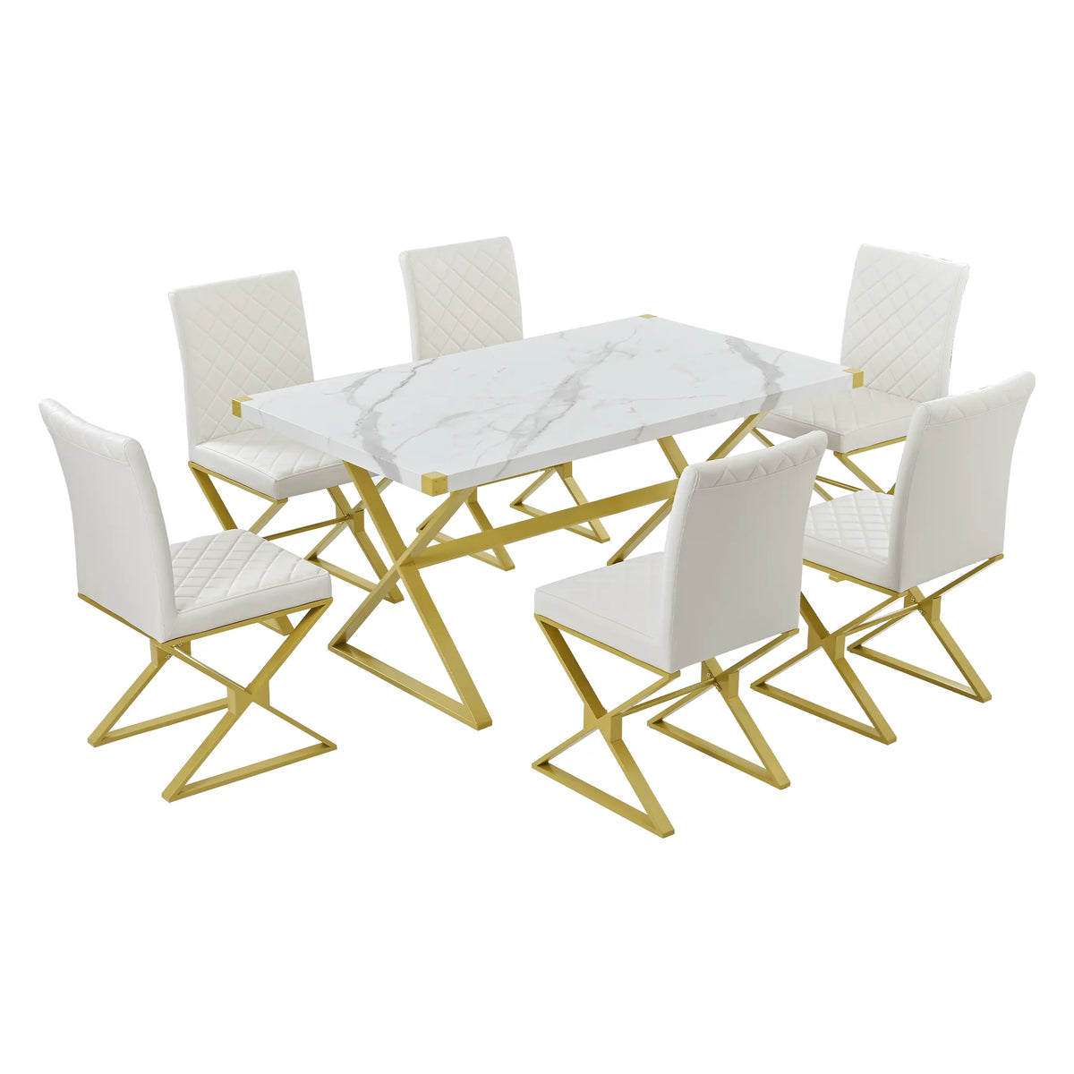 7-Piece Marble Texture Dining Table Set with 6 PU Leather Chairs M9002