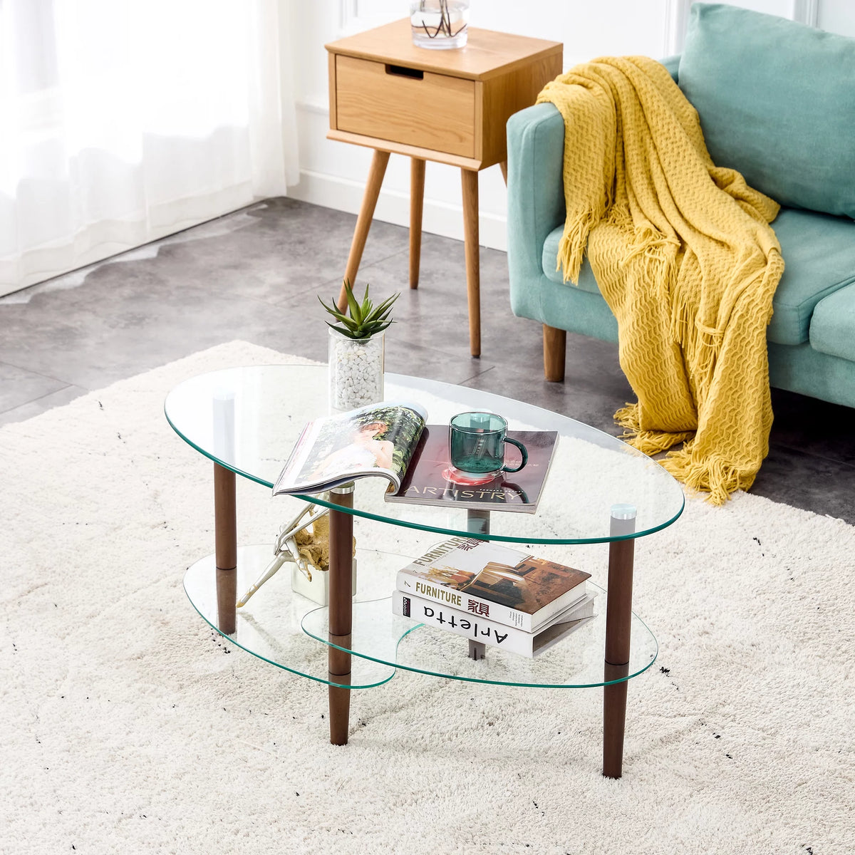 Oval Glass Coffee Table with Oak Wood Legs Z128933