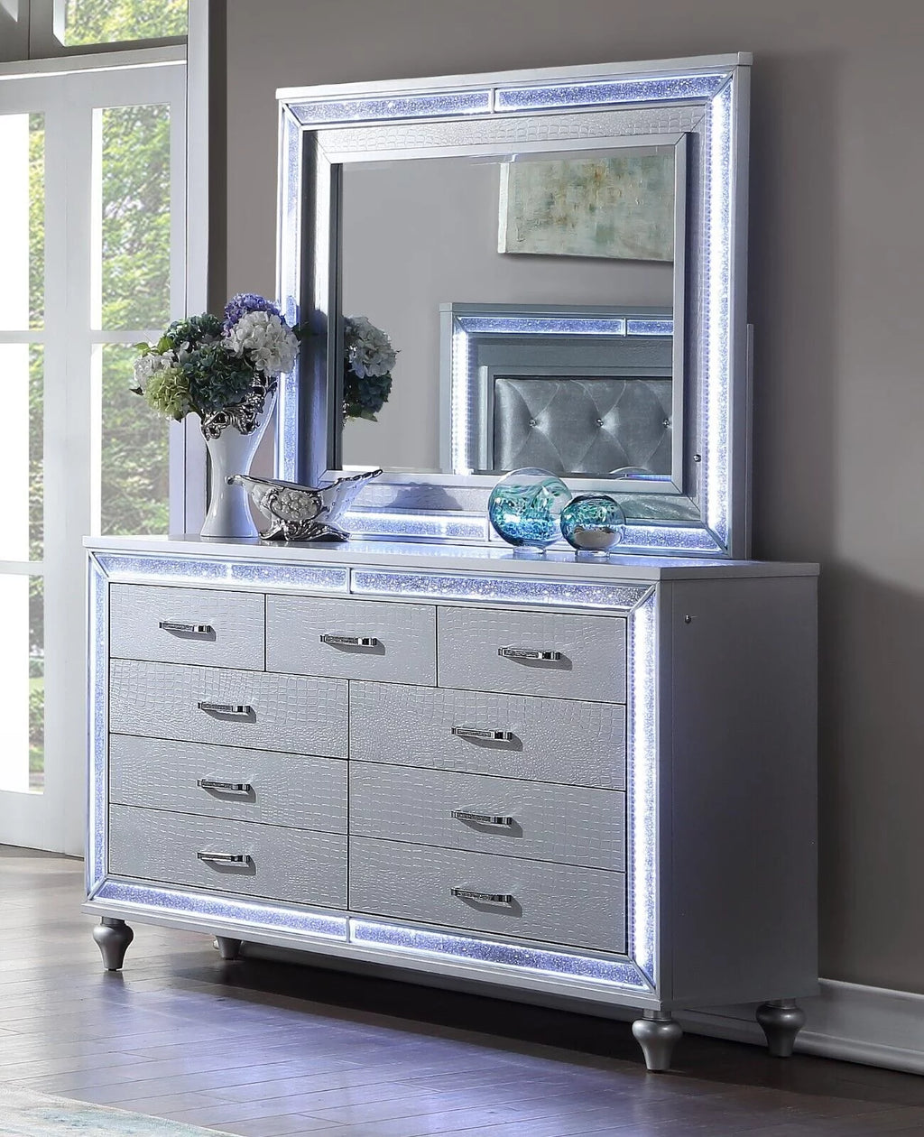 King Size Upholstered Bed Dresser Mirror Nightstand 5pc Set E126