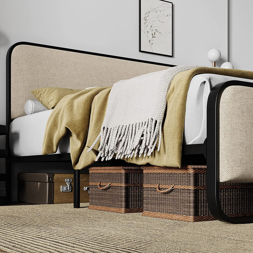 Queen Size Beige Metal Platform Bed Frame with Upholstered Headboard and Footboard B75479
