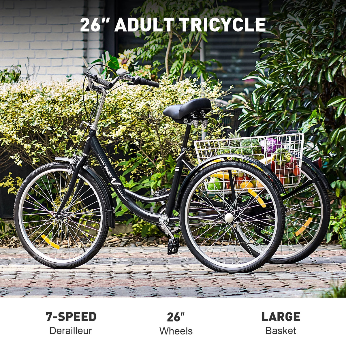 26 Inch 3 Wheel Bike with 7 Speeds & Basket E1698