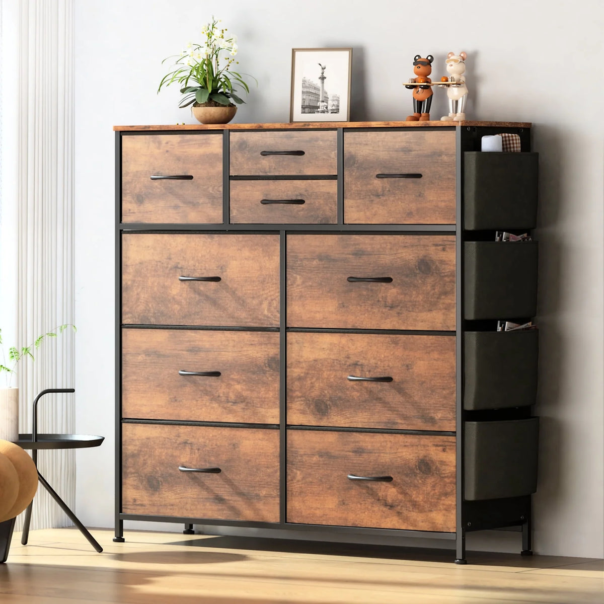 10 Drawer Fabric Dresser with Side Pockets and Hooks U779