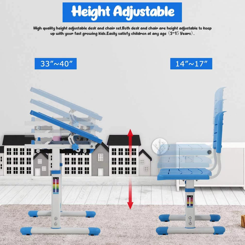 Kids Desk and Chair Set with Tilt Desktop, Height Adjustable, Storage Drawers, Blue D333924