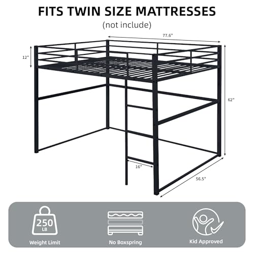 White Twin Metal Loft Bed with Safety Guard Rails P3318