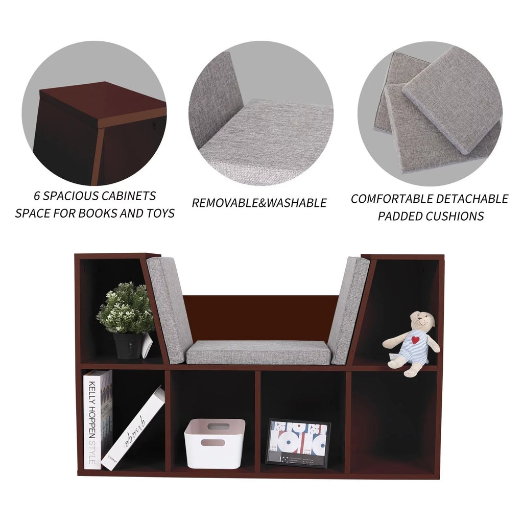 White Kids Storage Cabinet Bookcase with Cushions D6086