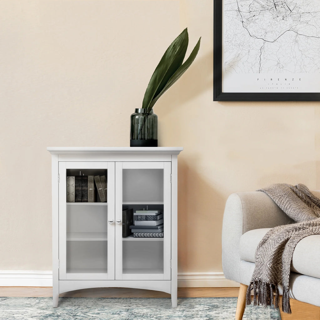 White Wooden Floor Cabinet with 2 Glass Doors W90704