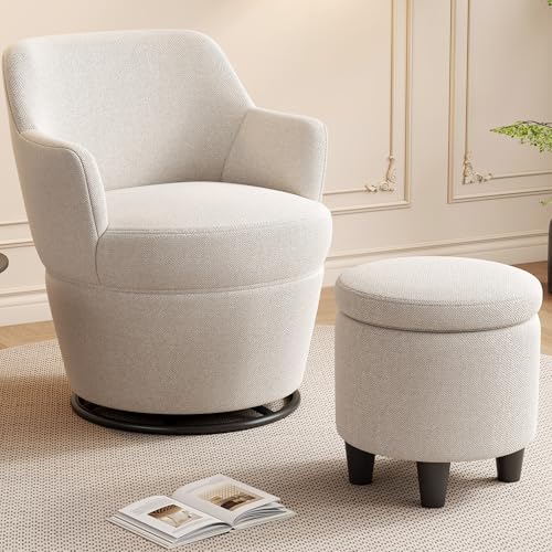 Beige Cotton Linen Upholstered Swivel Chair with Storage Ottoman Q317