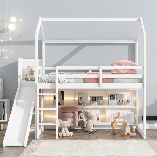 White Twin Size Wood House Loft Bed with Slide and Storage Shelves U78049