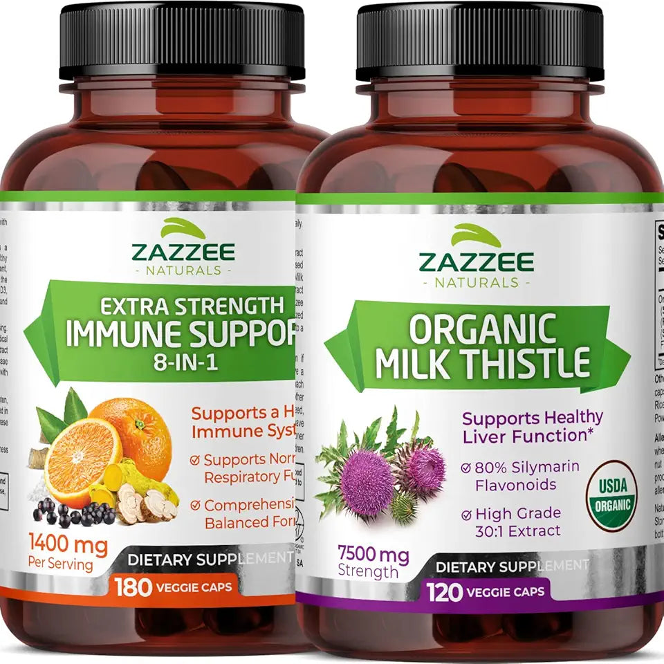 USDA Organic Milk Thistle Extract Capsules and 8-in-1 Immune Support Capsules G777