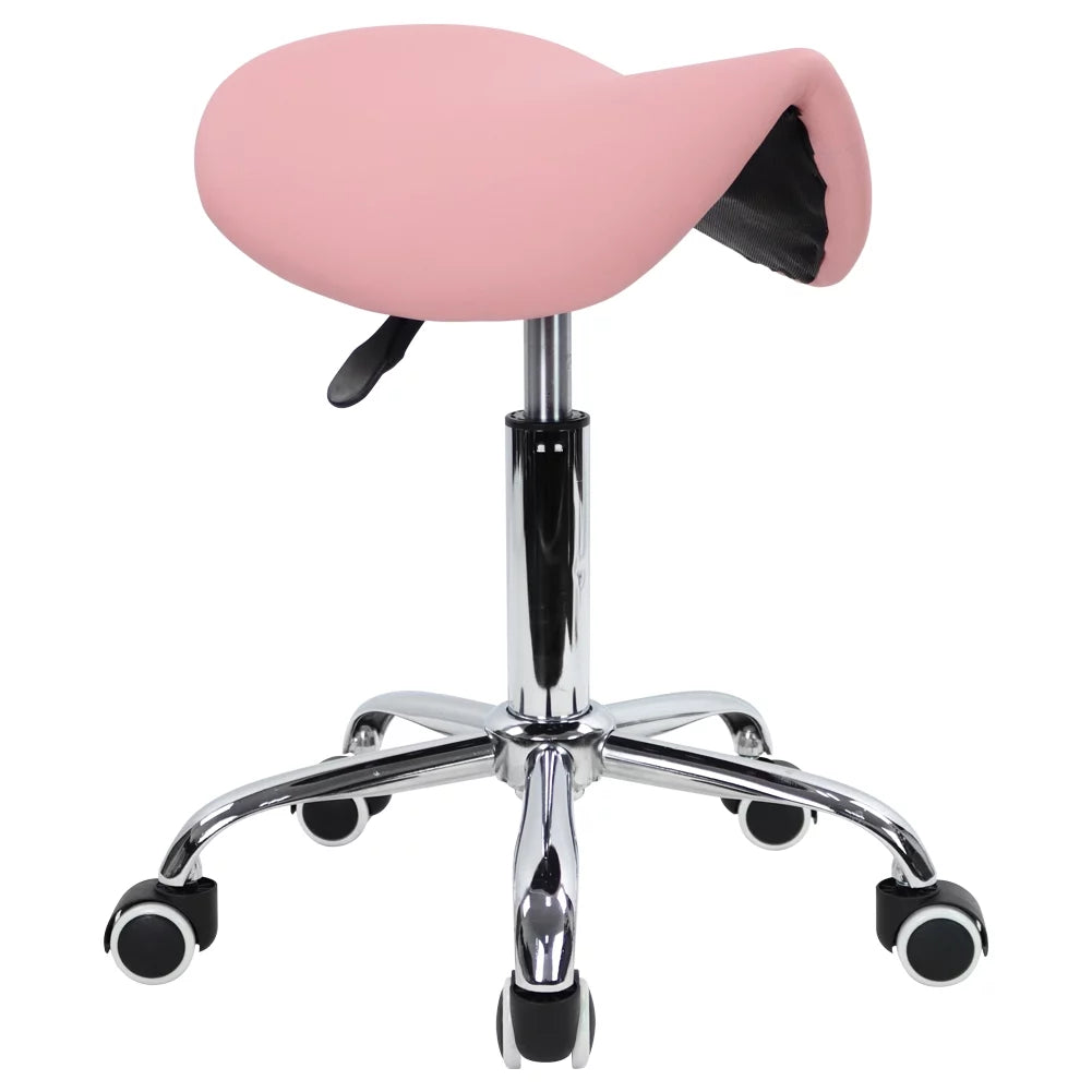 Pink PU Leather Adjustable Rolling Saddle Stool B87932
