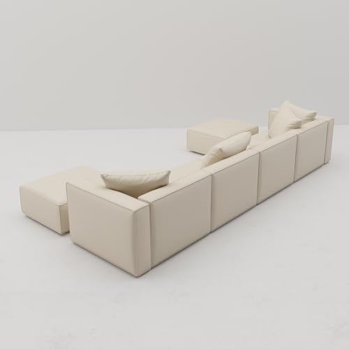 Cream L-Shape Sectional Sofa with Ottoman and Chaise V7823