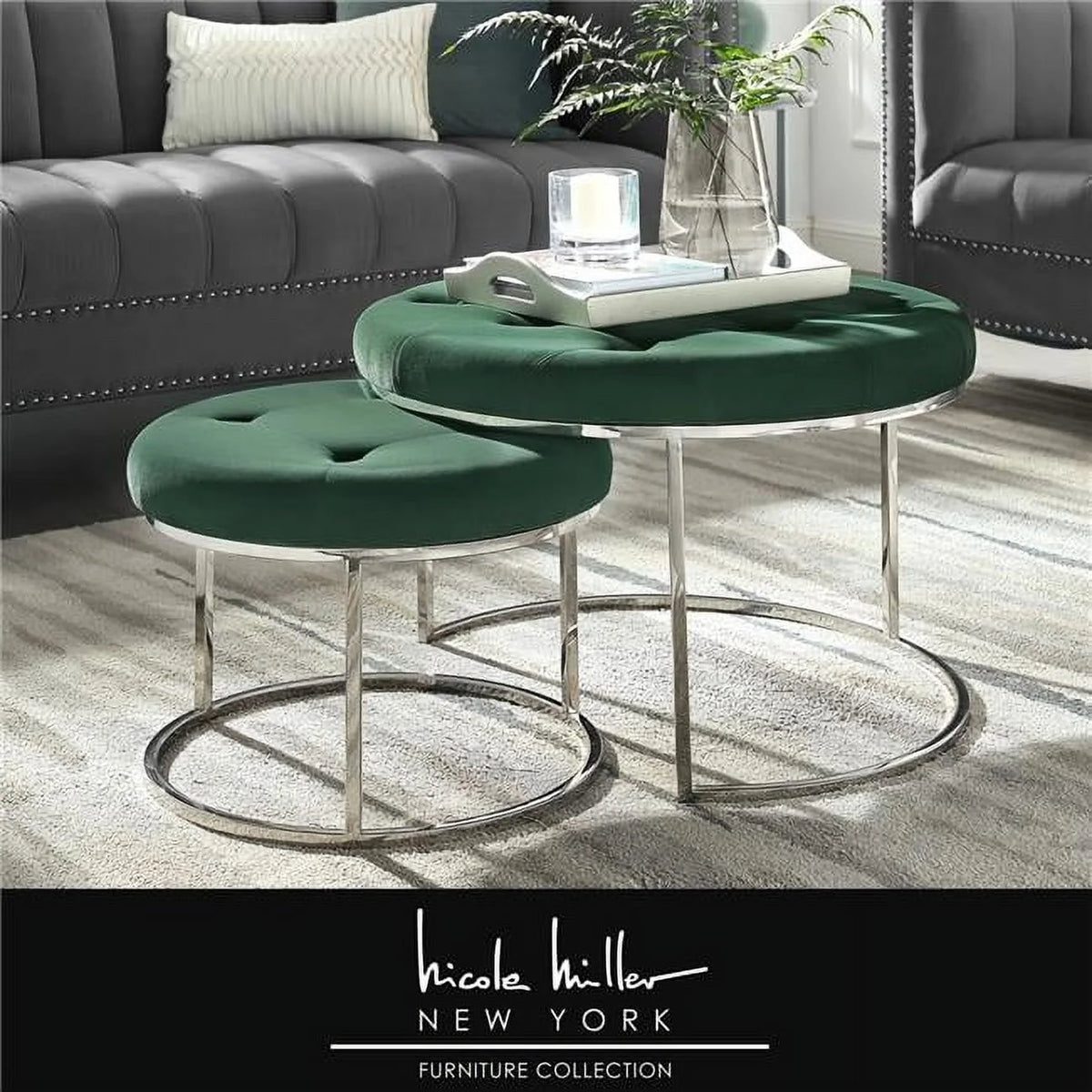 Green Velvet Cocktail Ottoman Set of 2 F6273