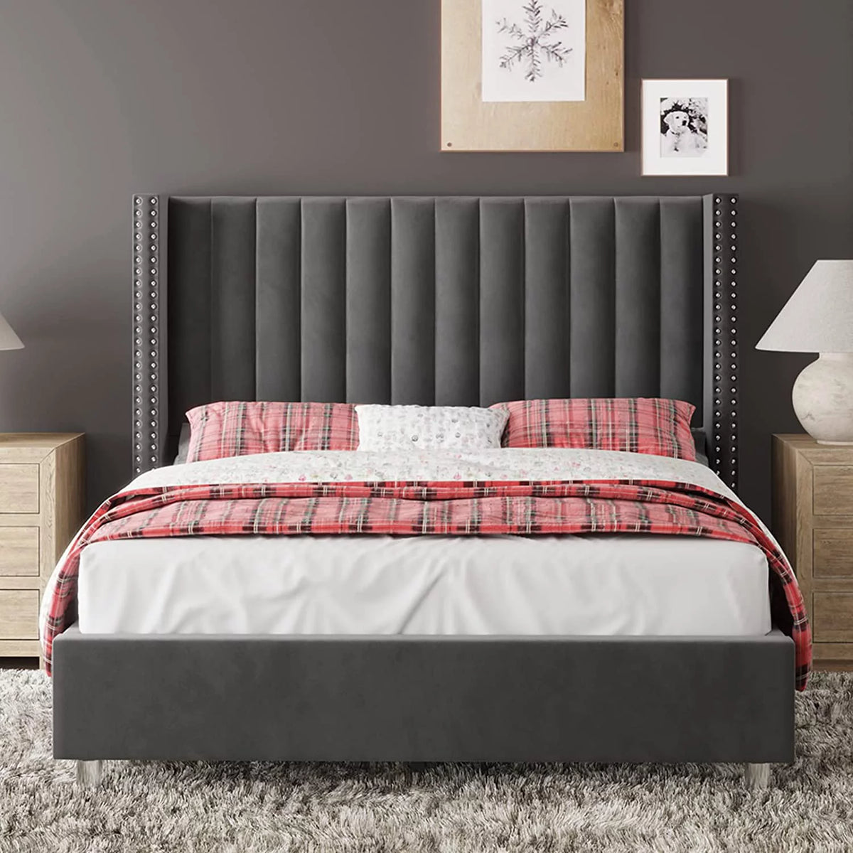 King Size Velvet Upholstered Bed Frame I679