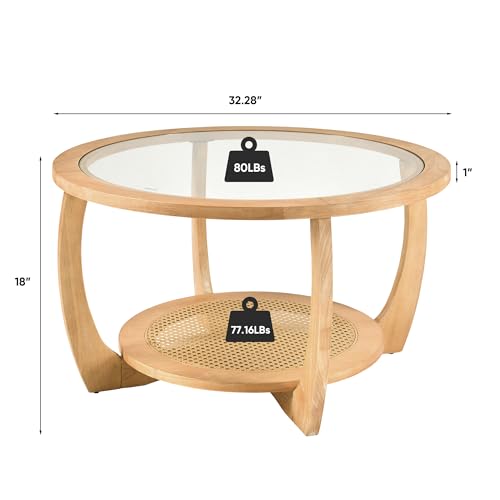 Round Wood Glass Rattan Coffee Table C58588