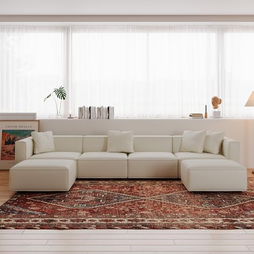 Cream L-Shape Sectional Sofa with Ottoman and Chaise V7823
