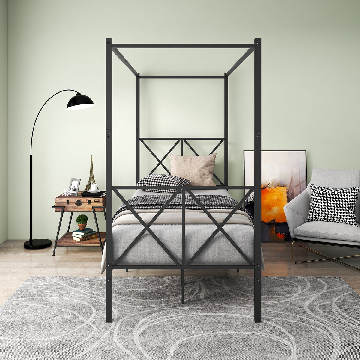 Black Twin Size Metal Canopy Platform Bed Frame W31648