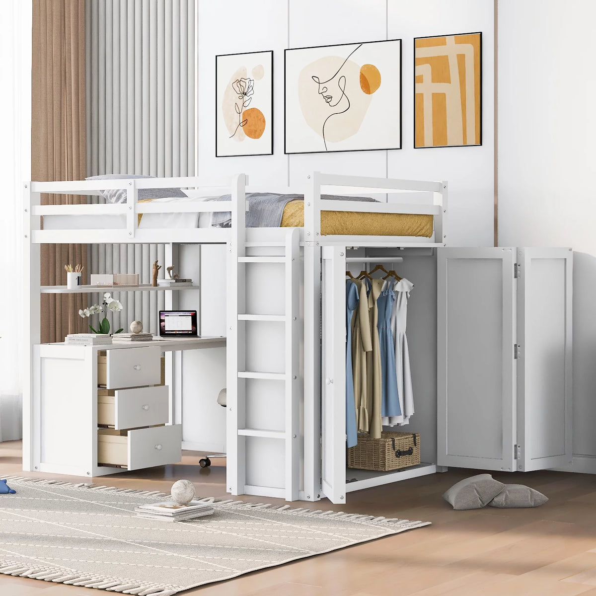 Full Size Wood Loft Bed with Desk and Storage K917312
