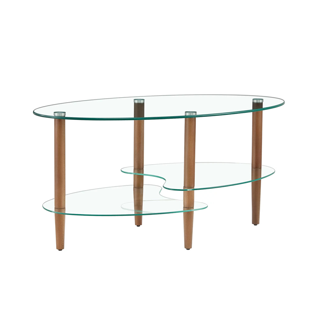Oval Glass Coffee Table with Oak Wood Legs Z128933