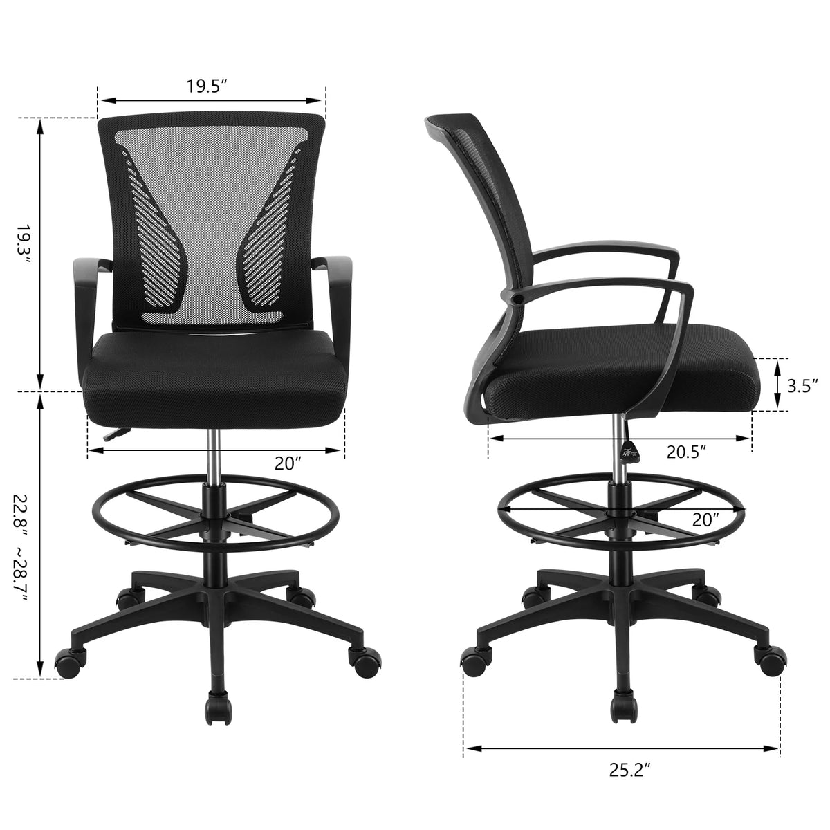 Adjustable Height Drafting Chair with Armrest and Foot Ring, Black Q400602