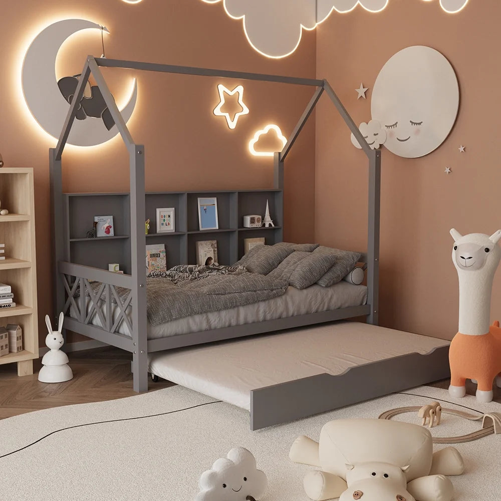 Twin House Bed with Trundle and Storage Shelve P63071